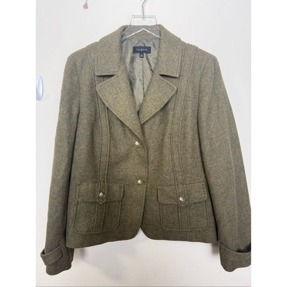 Talbots Olive Tweed Blazer Jacket Women’s Size 16 Wool Blend Classic Tailored Ca